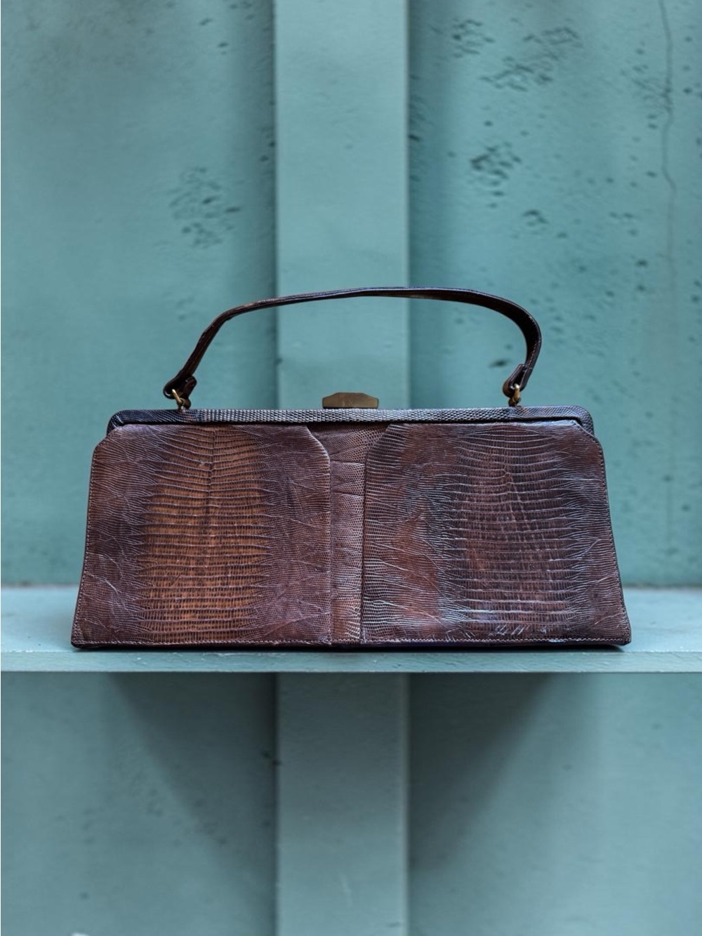 Vtg 50s Palizzio Brown Lizard Top Handle Bag Reptile Kennedy 60s
